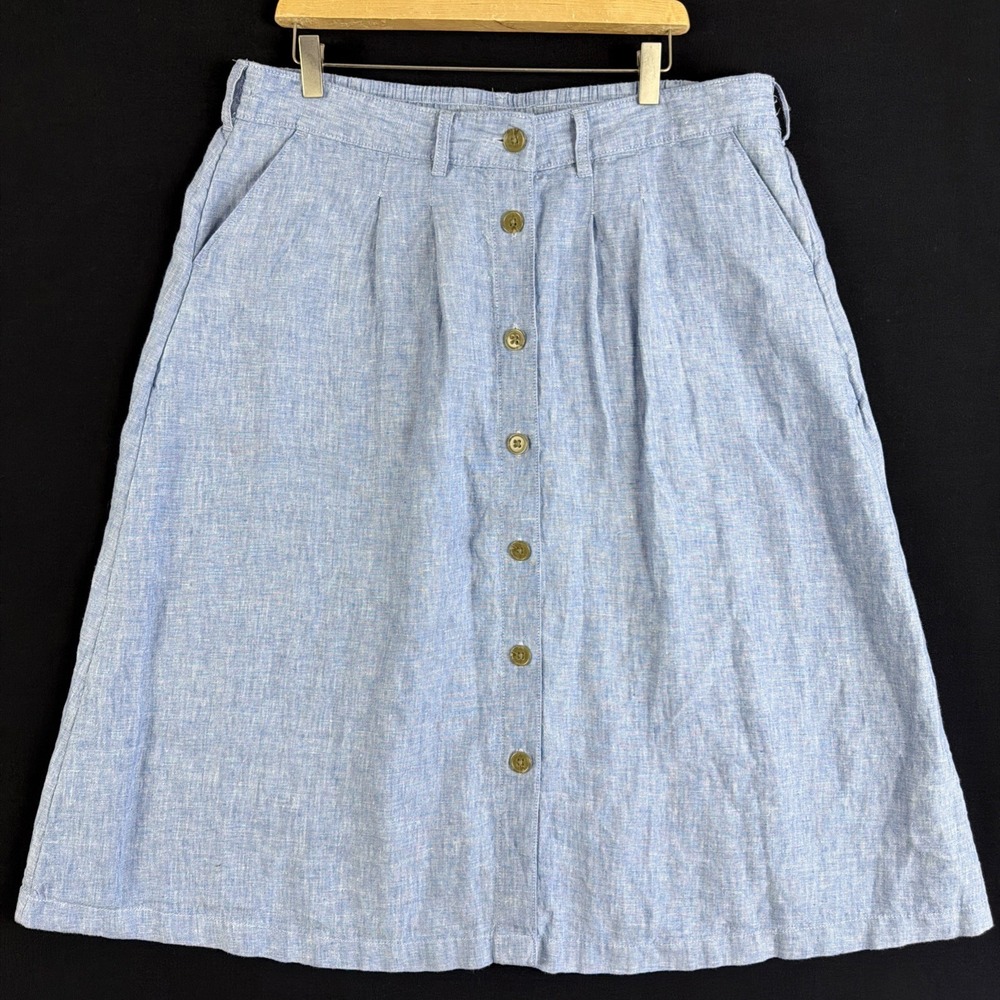 Lands End 100% Linen Midi Skirt Button Front Blue Heather Pockets Size 16 XL 36"